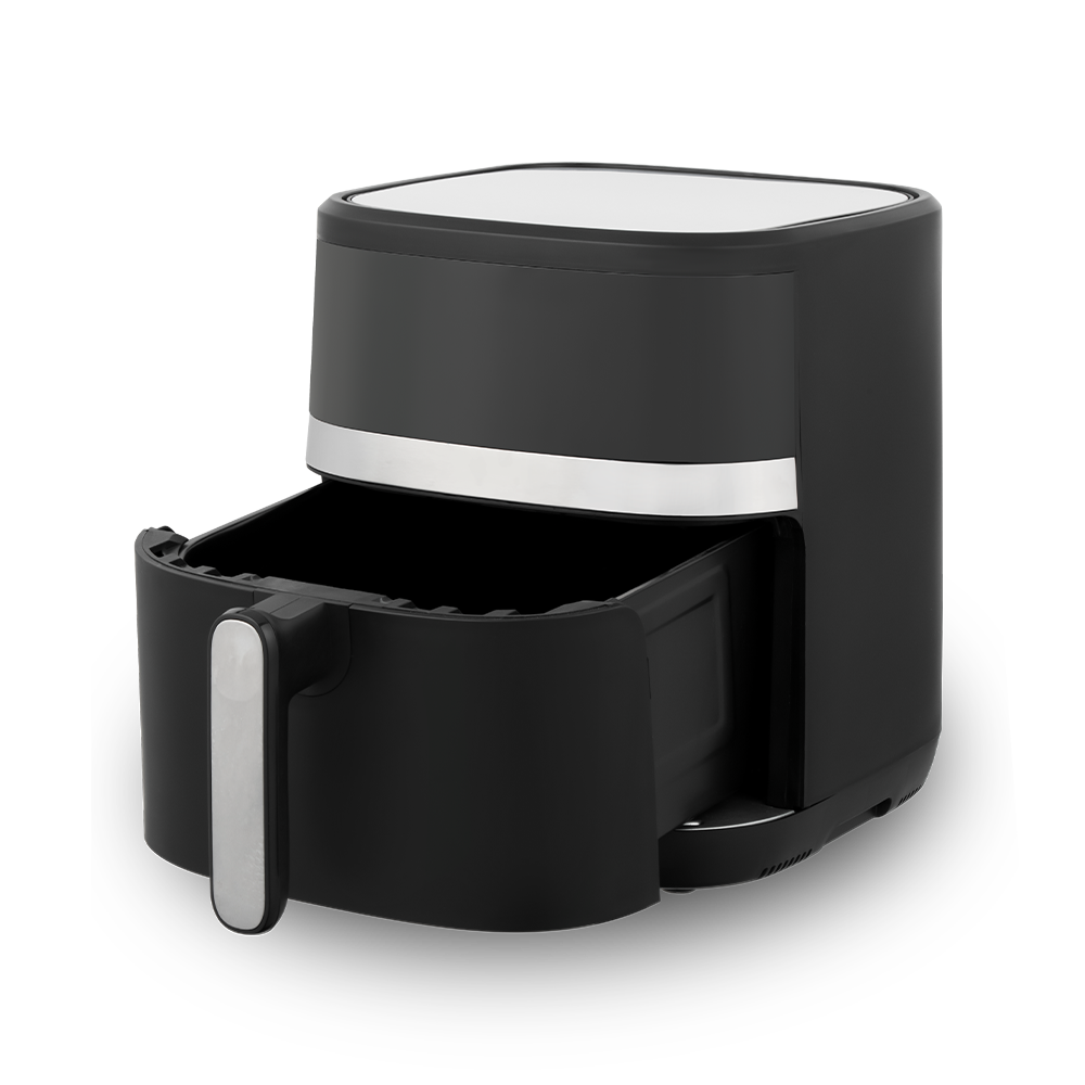 Elegante friggitrice ad aria con touchscreen digitale bianca e nera