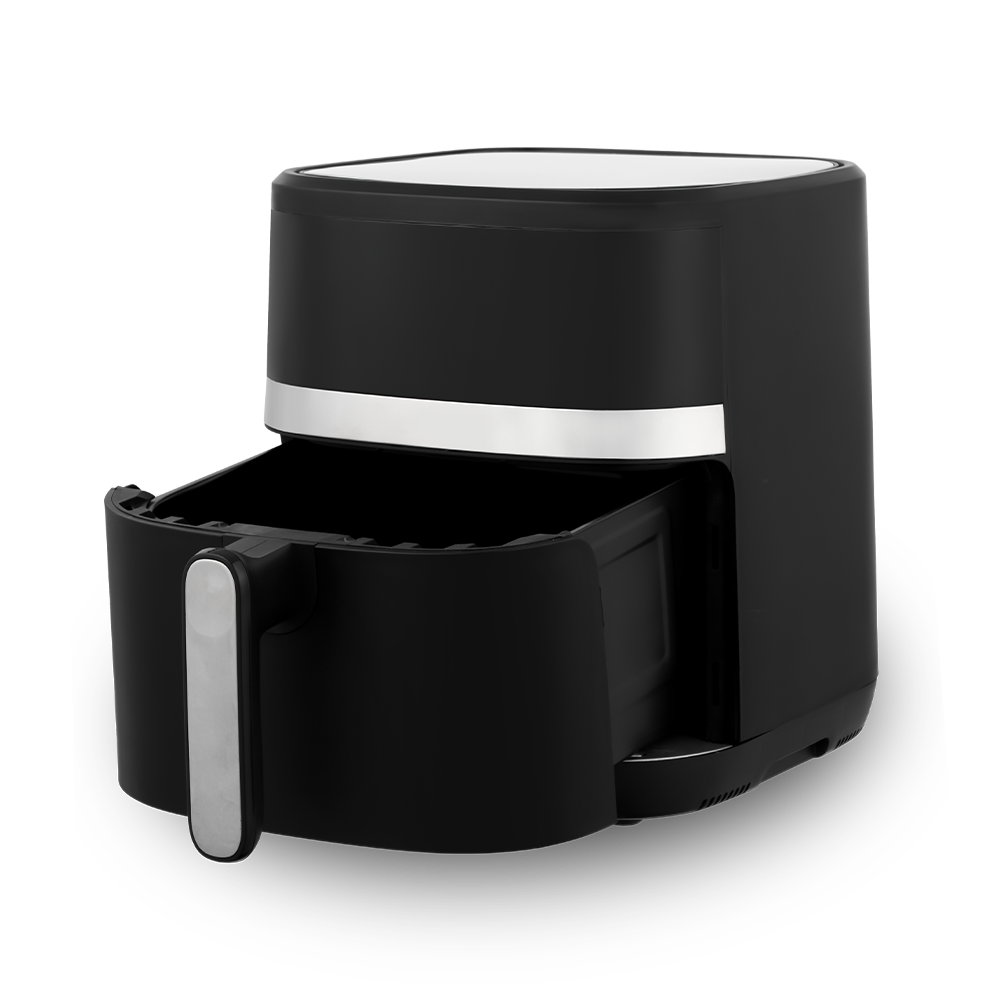Elegante friggitrice ad aria con touchscreen digitale bianca e nera